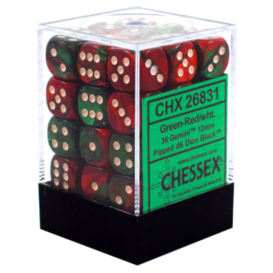 Chessex Gemini 12mm d6 Dice Blocks with pips Dice Blocks (36 Dice) - Green-Red w/White