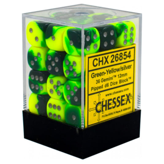 Chessex Gemini 12mm d6 Dice Blocks with pips Dice Blocks (36 Dice) - Green-Yellow w/Silver