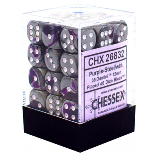 Chessex Gemini 12mm d6 Dice Blocks with pips Dice Blocks (36 Dice) - Purple-Steel w/White