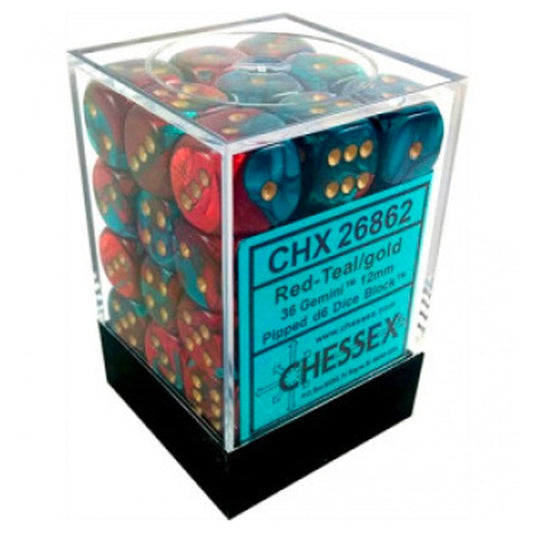 Chessex Gemini 12mm d6 Dice Blocks with pips Dice Blocks (36 Dice) - Red-Teal with Gold