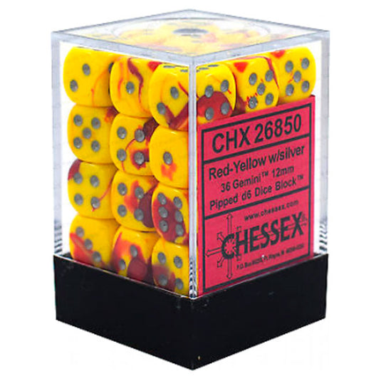 Chessex Gemini 12mm d6 Dice Blocks with pips Dice Blocks (36 Dice) - Red-Yellow w/Silver