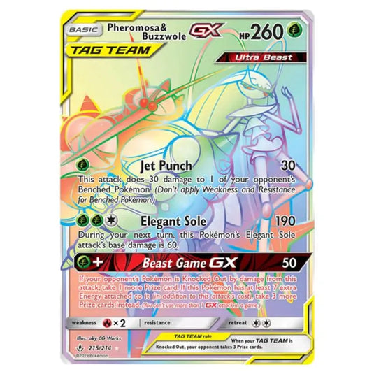 Pokemon - Sun & Moon - Unbroken Bonds - Pheromosa & Buzzwole-GX (Rainbow Rare) - 215/214