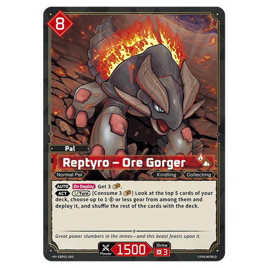 Reptyro – Ore Gorger  card from the Palworld set Dawn of Palpagos