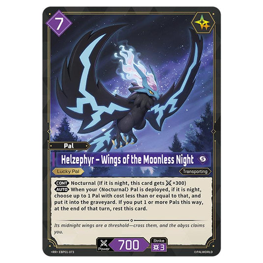 Helzephyr – Wings of the Moonless Night  card from the Palworld set Dawn of Palpagos