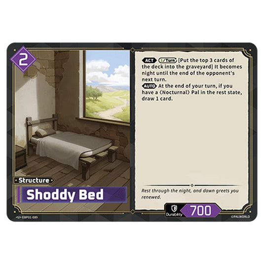 Shoddy Bed  card from the Palworld set Dawn of Palpagos
