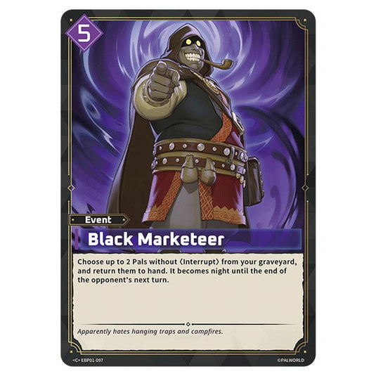 Black Marketeer  card from the Palworld set Dawn of Palpagos
