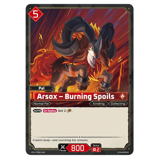 Arsox – Burning Spoils  card from the Palworld set Dawn of Palpagos