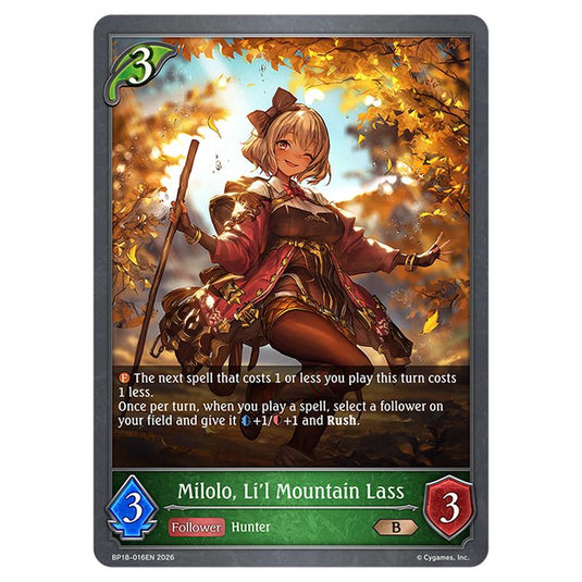 Milolo, Li'l Mountain Lass BP18-016EN card from the Shadowverse: Evolve set Neometropolis