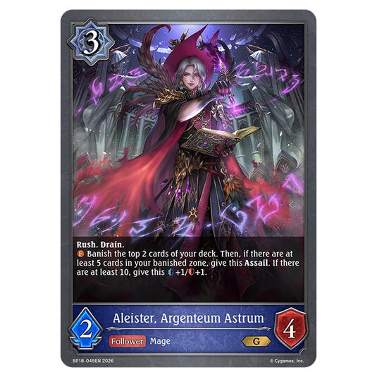 Aleister, Argenteum Astrum BP18-045EN card from the Shadowverse: Evolve set Neometropolis