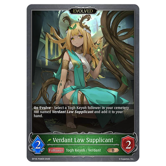 Verdant Law Supplicant BP18-P08EN card from the Shadowverse: Evolve set Neometropolis