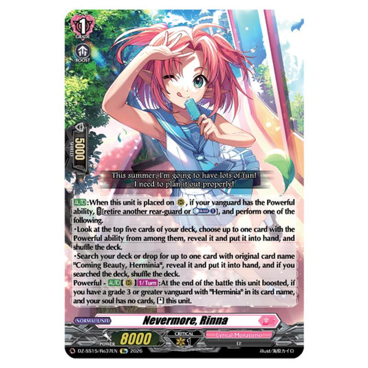 Nevermore, Rinna DZ-SS15/Re37EN card from the Cardfight!! Vanguard set The Legendary Vanguards