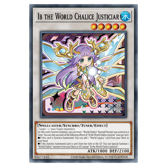 Ib the World Chalice Justiciar MAMO-EN034-SCR card from the Yu-Gi-Oh! set Magnificent Monsters