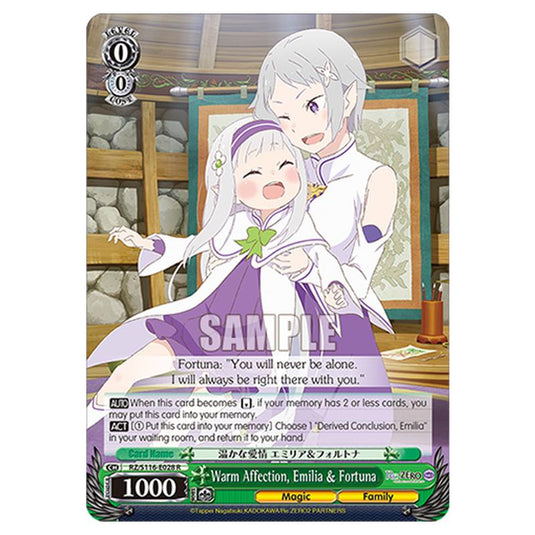 Warm Affection, Emilia & Fortuna RZ/S116-E028 card from the Weiss Schwarz set Re:ZERO -Starting Life in Another World- Vol.3