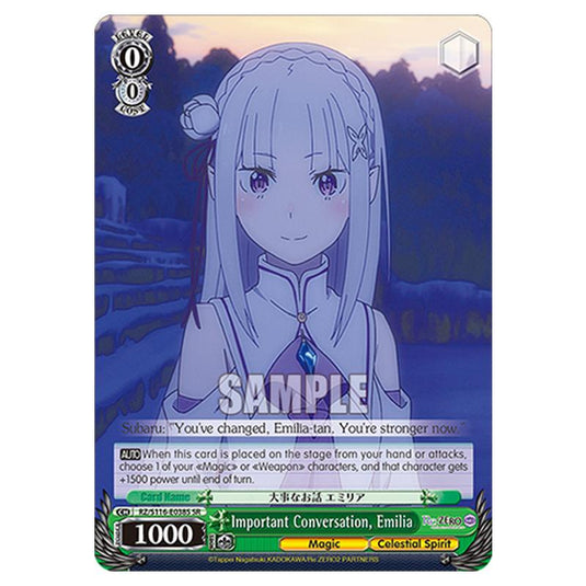 Important Conversation, Emilia RZ/S116-E038S card from the Weiss Schwarz set Re:ZERO -Starting Life in Another World- Vol.3