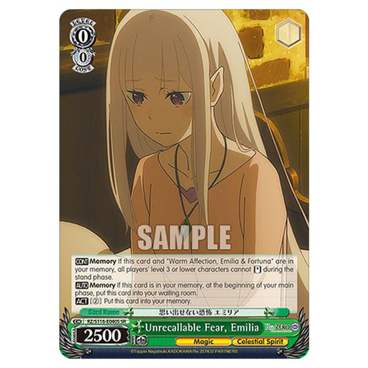 Unrecallable Fear, Emilia RZ/S116-E040S card from the Weiss Schwarz set Re:ZERO -Starting Life in Another World- Vol.3