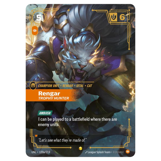 Rengar Trophy Hunter card from the Riftbound: League of Legends set Unleashed