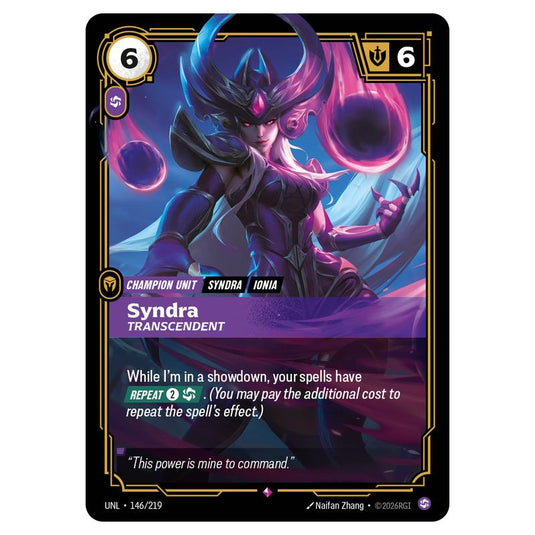Syndra Transcendent card from the Riftbound: League of Legends set Unleashed