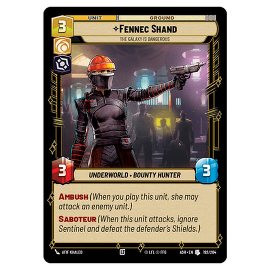 Fennec Shand card from the Star Wars Unlimited set Ashes of the Empire