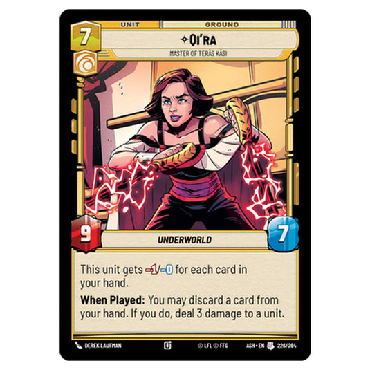 Qi'ra card from the Star Wars Unlimited set Ashes of the Empire