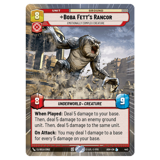 Boba Fett's Rancor card from the Star Wars Unlimited set Ashes of the Empire