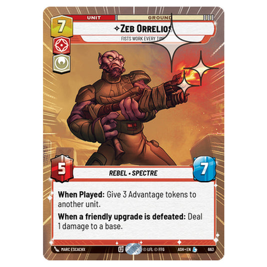 Zeb Orrelios card from the Star Wars Unlimited set Ashes of the Empire