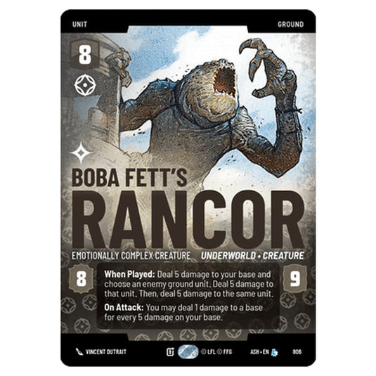 Boba Fett's Rancor card from the Star Wars Unlimited set Ashes of the Empire