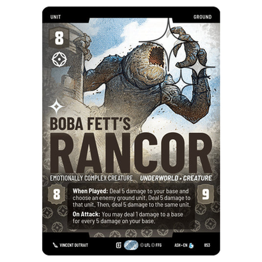 Boba Fett's Rancor card from the Star Wars Unlimited set Ashes of the Empire