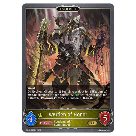 Warden of Honor BP19-025EN card from the Shadowverse: Evolve set Eightfold Retribution & Omens and Heirs