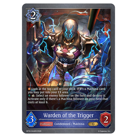Warden of the Trigger BP19-044EN card from the Shadowverse: Evolve set Eightfold Retribution & Omens and Heirs