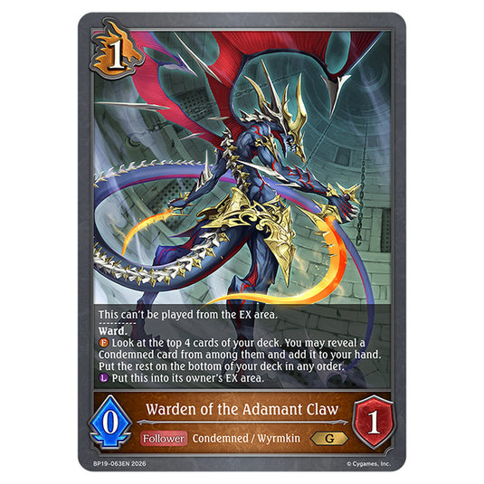 Warden of the Adamant Claw BP19-063EN card from the Shadowverse: Evolve set Eightfold Retribution & Omens and Heirs