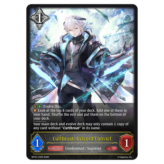 Cutthroat, Discord Convict BP19-110EN card from the Shadowverse: Evolve set Eightfold Retribution & Omens and Heirs