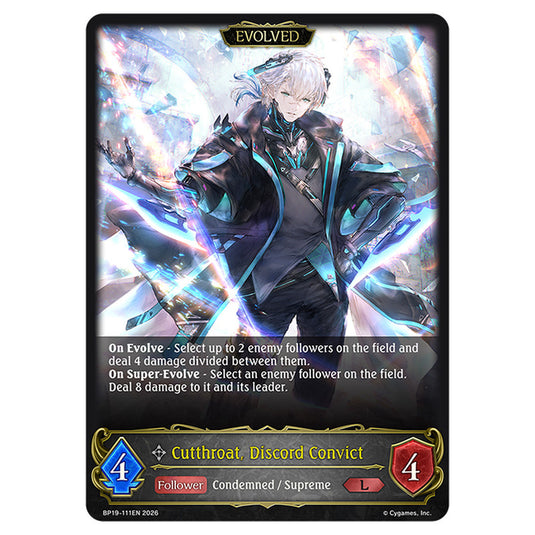Cutthroat, Discord Convict BP19-111EN card from the Shadowverse: Evolve set Eightfold Retribution & Omens and Heirs