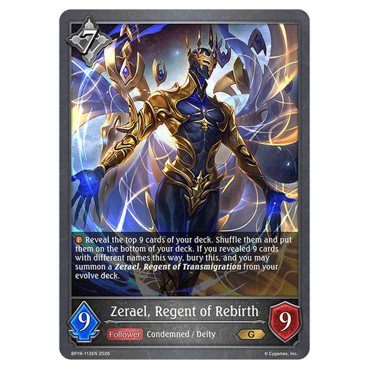 Zerael, Regent of Rebirth BP19-113EN card from the Shadowverse: Evolve set Eightfold Retribution & Omens and Heirs