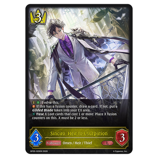Sinciro, Heir to Usurpation BP20-020EN card from the Shadowverse: Evolve set Eightfold Retribution & Omens and Heirs
