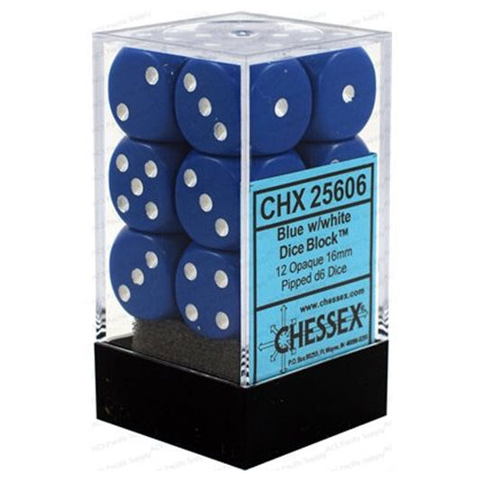 Chessex - Opaque 16mm D6 w/pips 12-Dice Blocks - Blue w/white