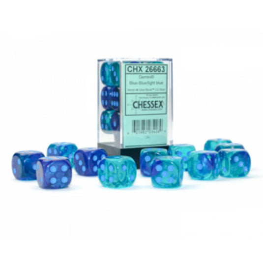Chessex - Gemini - 16mm d6 - Blue/light blue - Luminary Dice Block (12 Dice)