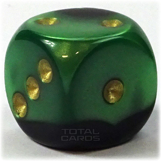 Chessex - Gemini 16mm D6 w/pips - Black-Green w/Gold