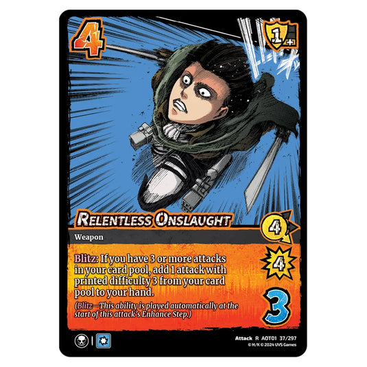 Relentless Onslaught card from the Attack on Titan set Battle For Humanity R 01 037/297