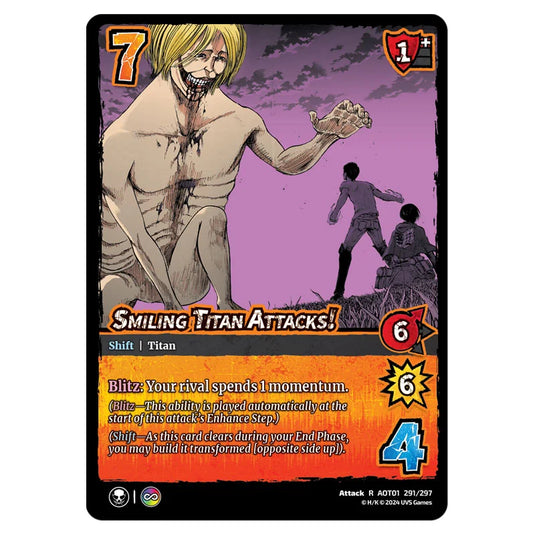 Smiling Titan Attacks! // The Smiling Titan card from the Attack on Titan set Battle For Humanity R 01 291/297