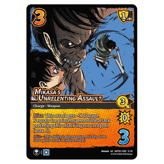 Mikasa's Unrelenting Assault card from the Attack on Titan set Battle For Humanity UC 01 032/297