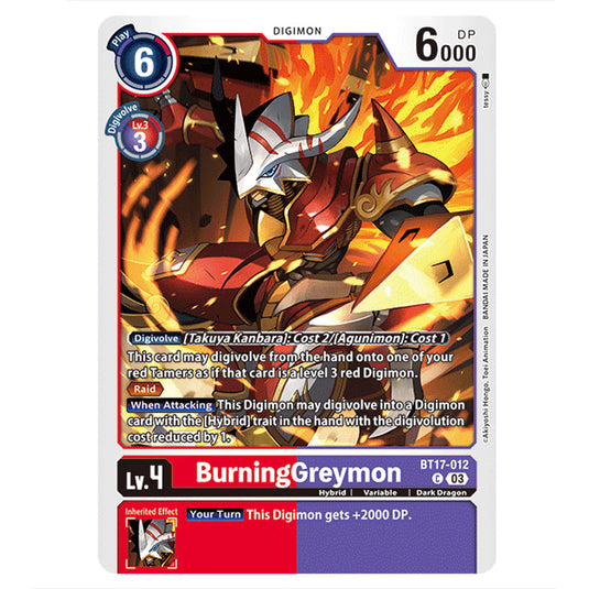 BurningGreymon BT17-012 card from the Digimon set Secret Crisis