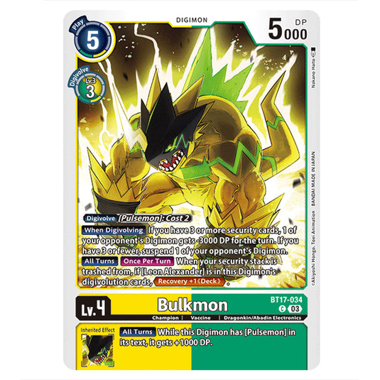 Bulkmon BT17-034 card from the Digimon set Secret Crisis