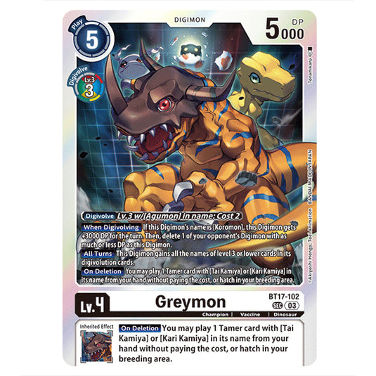 Greymon BT17-102a card from the Digimon set Secret Crisis