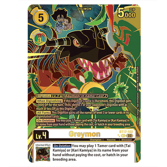 Greymon BT17-102d card from the Digimon set Secret Crisis