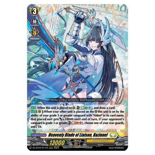 Heavenly Blade of Liaison, Razionel DZ-BT04/011EN card from the Cardfight!! Vanguard set Destined Showdown