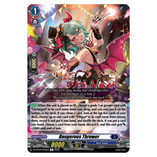 Dangerous Thrower DZ-BT04/049EN card from the Cardfight!! Vanguard set Destined Showdown