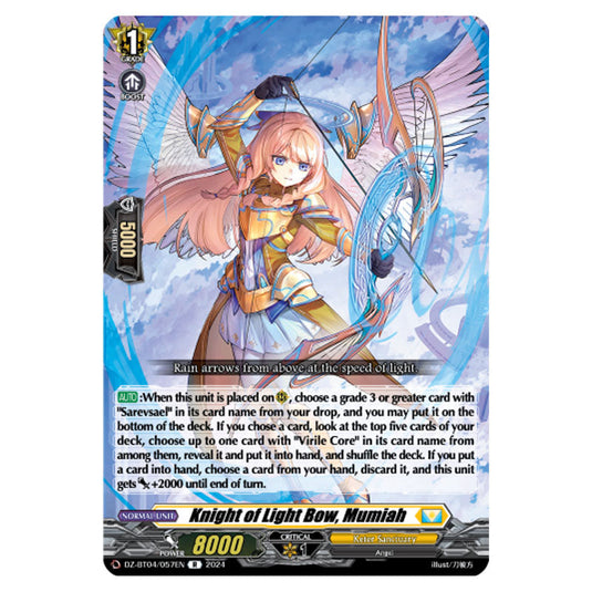 Knight of Light Bow, Mumiah DZ-BT04/057EN card from the Cardfight!! Vanguard set Destined Showdown