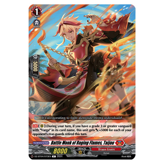 Battle Monk of Raging Flames, Taijou DZ-BT04/073EN card from the Cardfight!! Vanguard set Destined Showdown