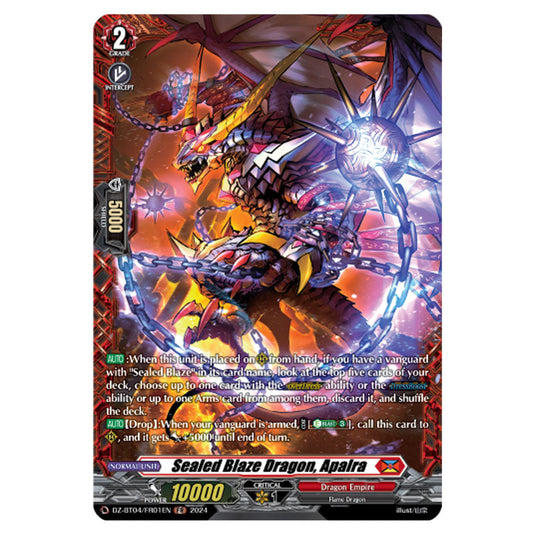 Sealed Blaze Dragon, Apalra DZ-BT04/FR01EN card from the Cardfight!! Vanguard set Destined Showdown