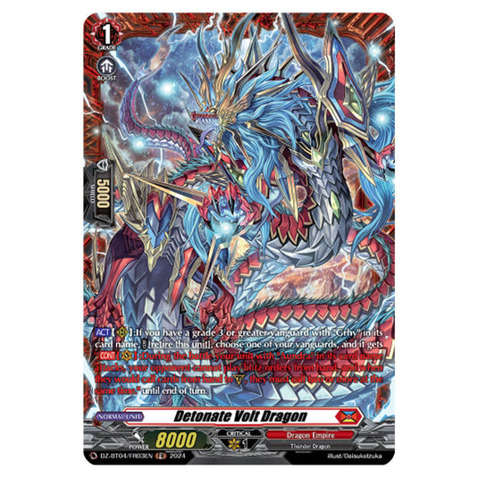 Detonate Volt Dragon DZ-BT04/FR03EN card from the Cardfight!! Vanguard set Destined Showdown